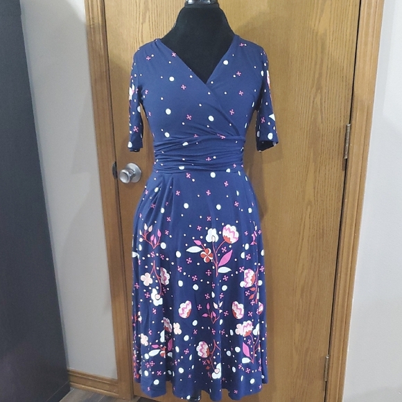 Boden Blue and Pink Floral Faux Wrap Midi Dress - Picture 1 of 9